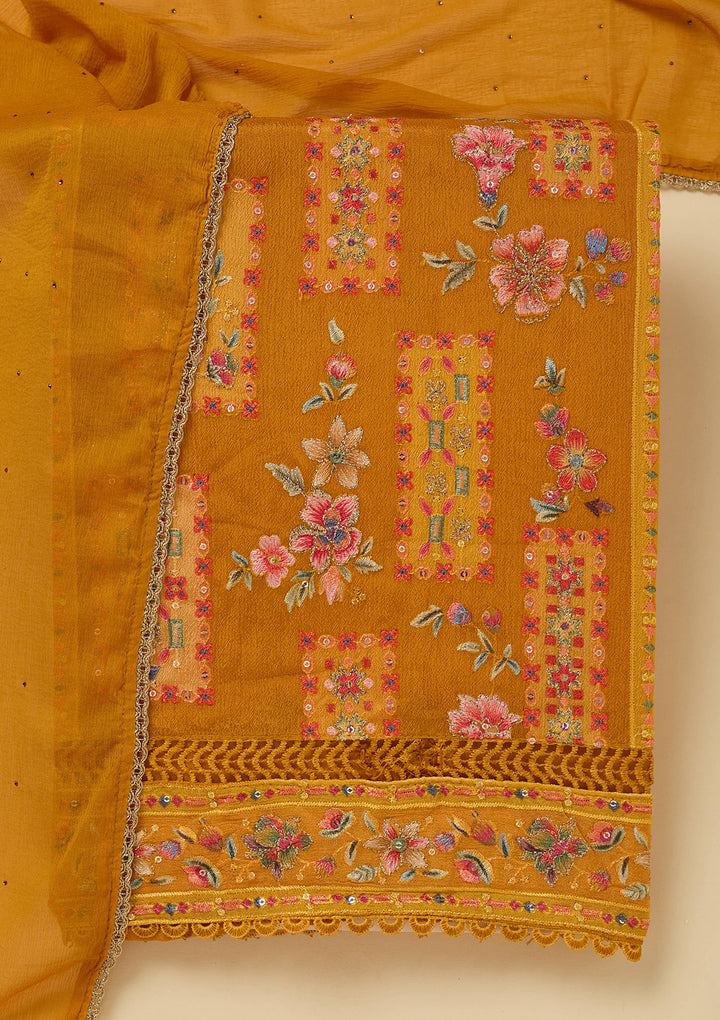 Mustard Threadwork Georgette Unstitched Salwar Suit