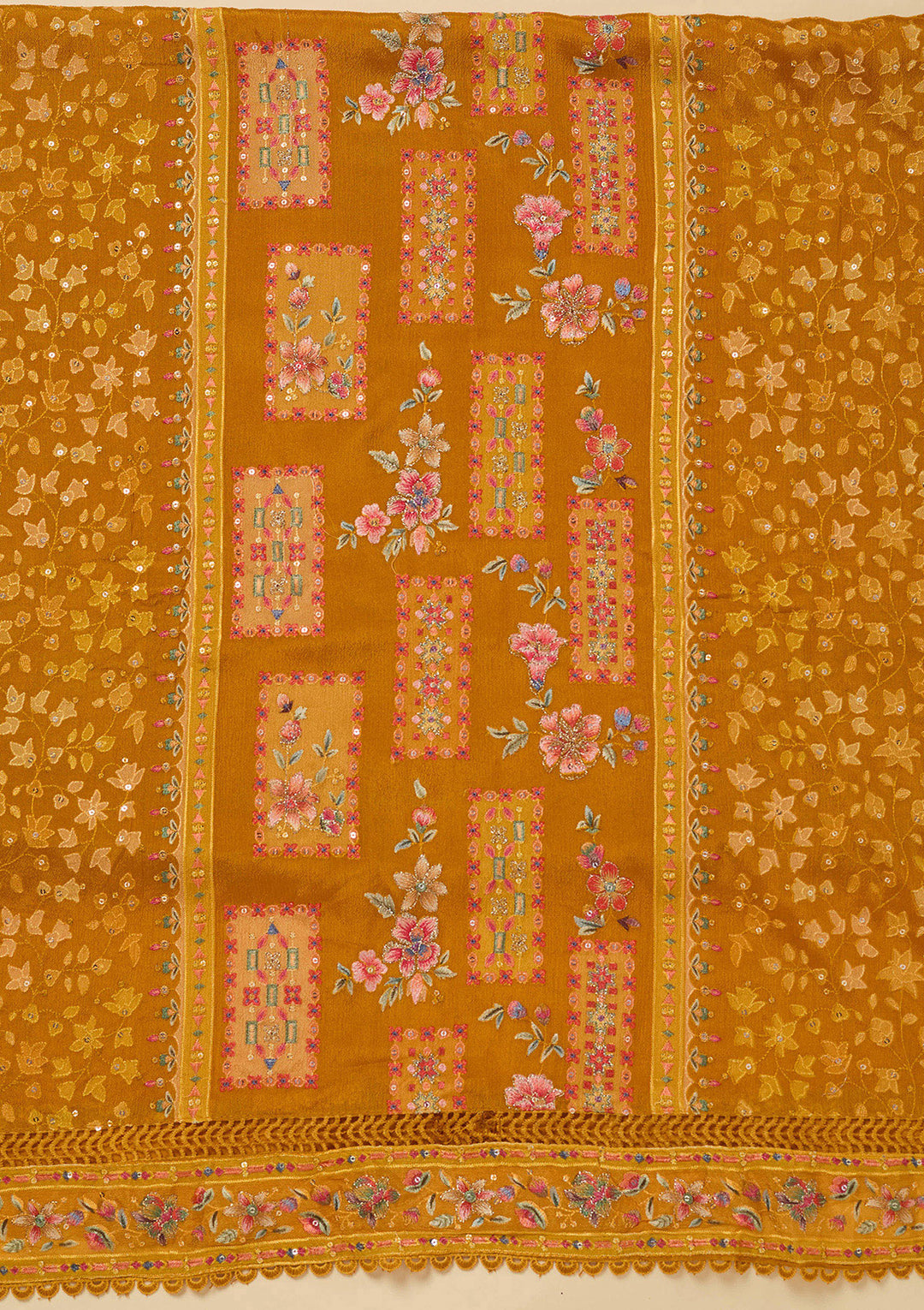 Mustard Threadwork Georgette Unstitched Salwar Suit