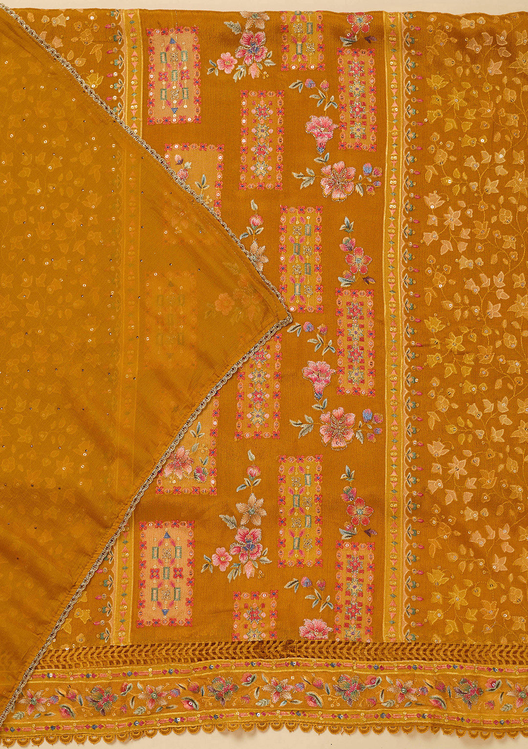 Mustard Threadwork Georgette Unstitched Salwar Suit