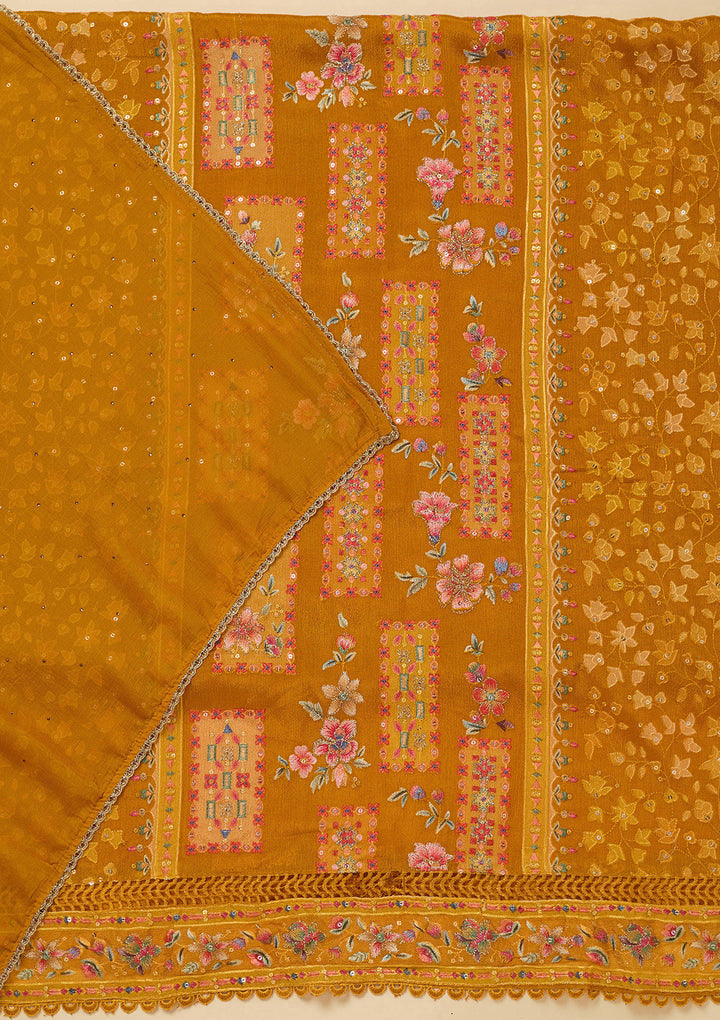 Mustard Threadwork Georgette Unstitched Salwar Suit
