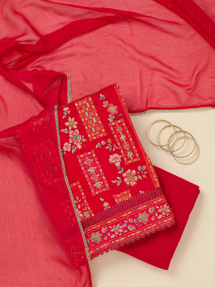 Red Threadwork Georgette Unstitched Salwar Suit