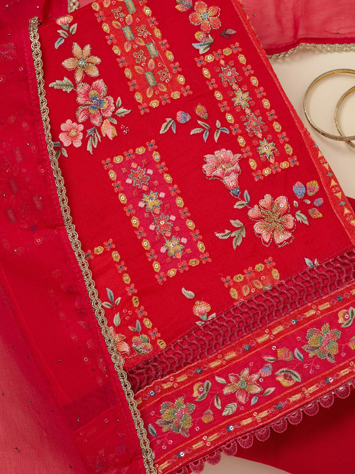 Red Threadwork Georgette Unstitched Salwar Suit
