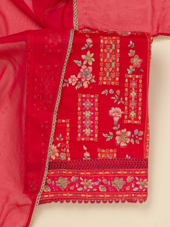 Red Threadwork Georgette Unstitched Salwar Suit