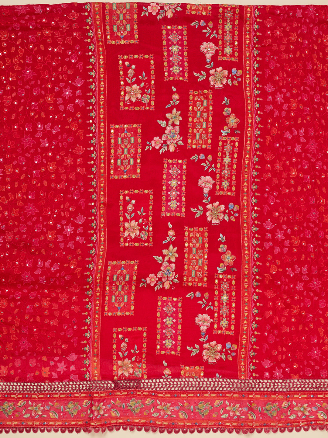 Red Threadwork Georgette Unstitched Salwar Suit