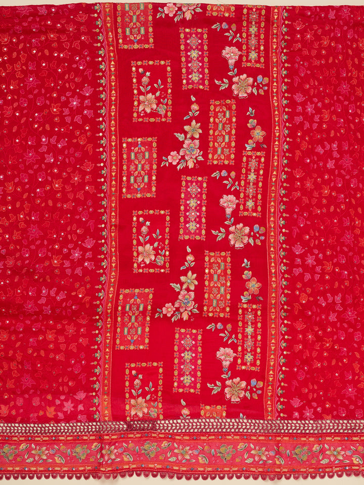 Red Threadwork Georgette Unstitched Salwar Suit