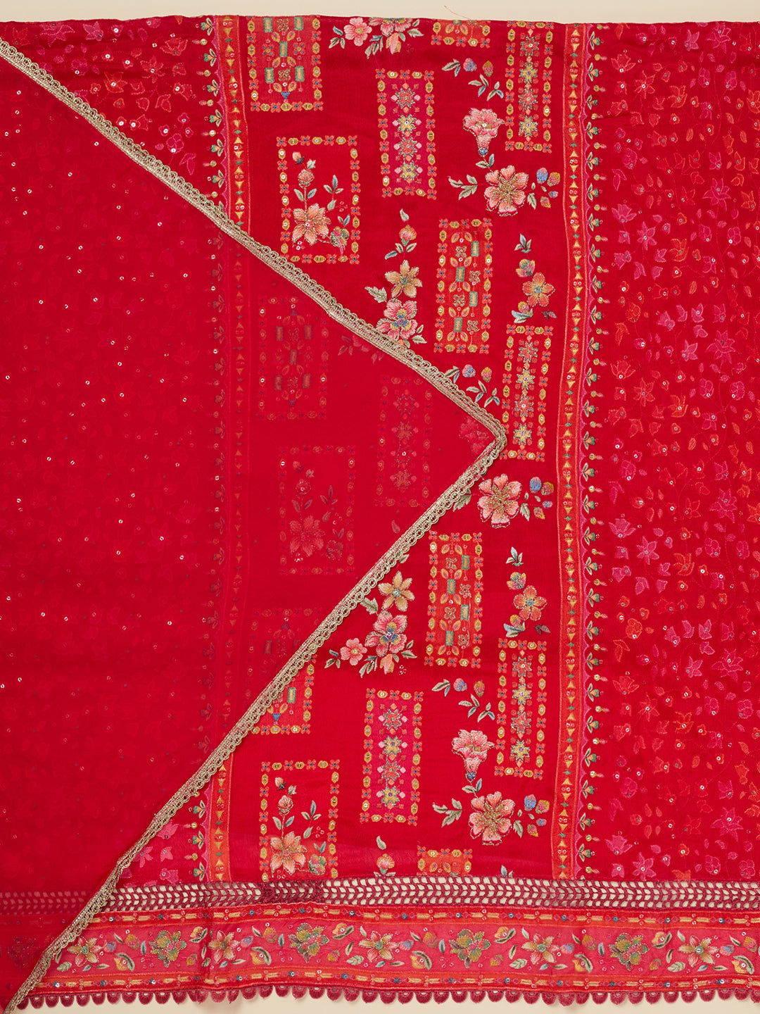 Red Threadwork Georgette Unstitched Salwar Suit