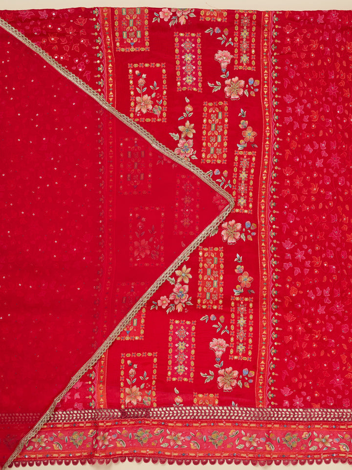 Red Threadwork Georgette Unstitched Salwar Suit