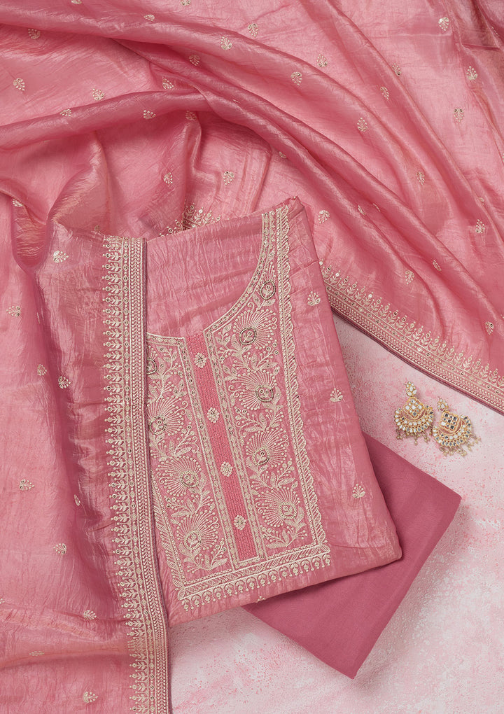 Pink Threadwork Semi Crepe Unstitched Salwar Suit