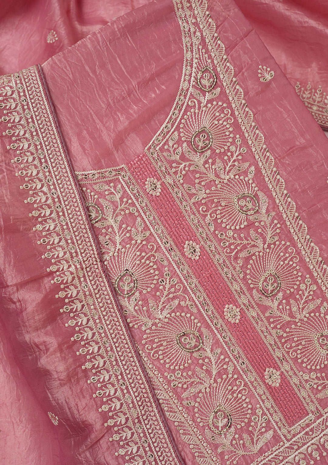 Pink Threadwork Semi Crepe Unstitched Salwar Suit