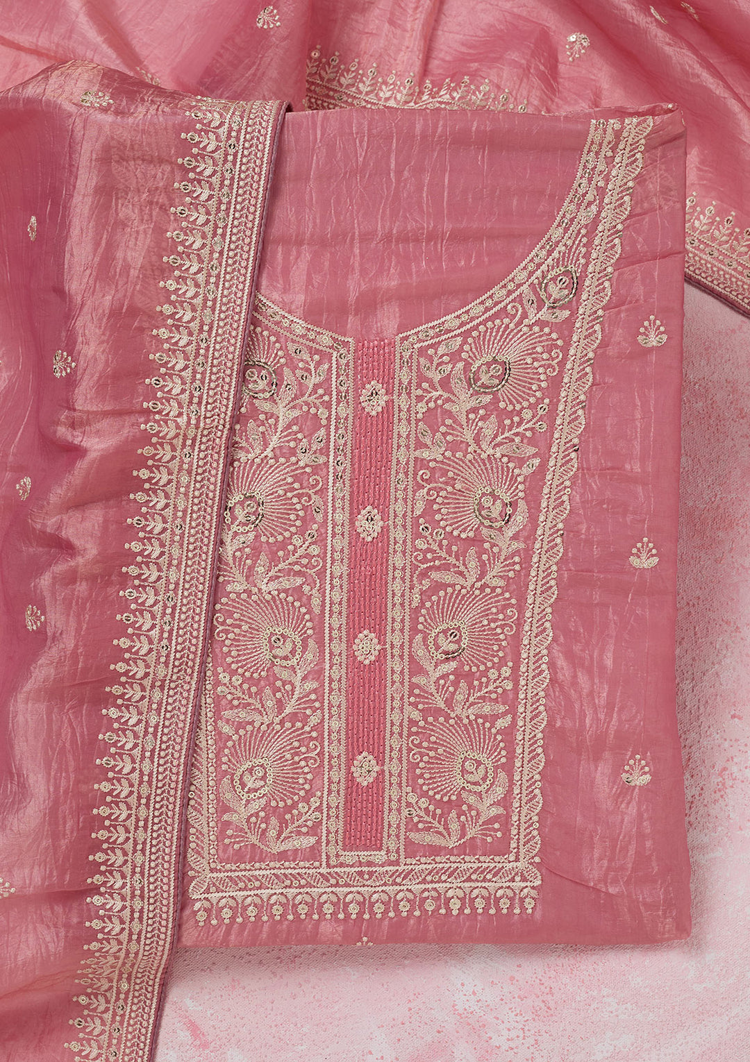 Pink Threadwork Semi Crepe Unstitched Salwar Suit