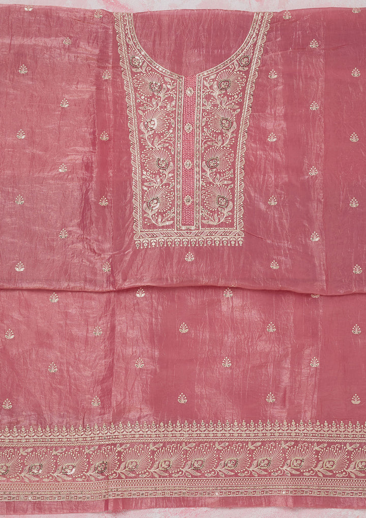 Pink Threadwork Semi Crepe Unstitched Salwar Suit