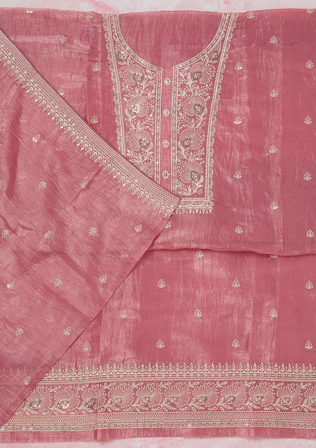 Pink Threadwork Semi Crepe Unstitched Salwar Suit
