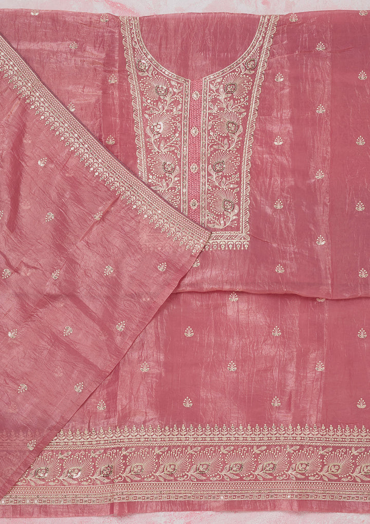Pink Threadwork Semi Crepe Unstitched Salwar Suit