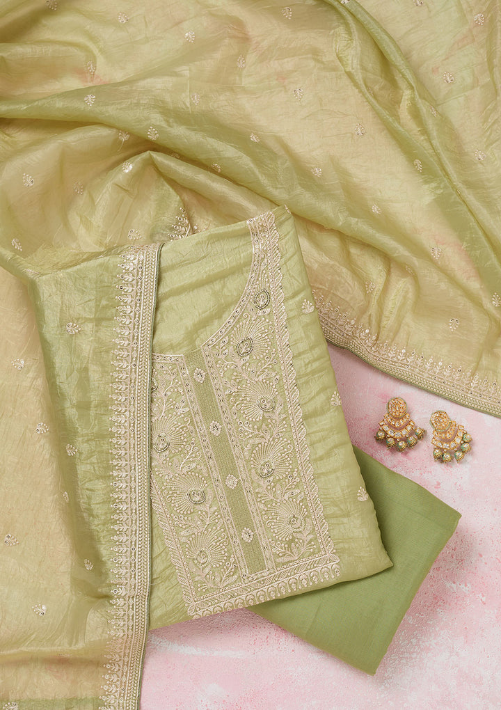 Pista Green Threadwork Semi Crepe Unstitched Salwar Suit