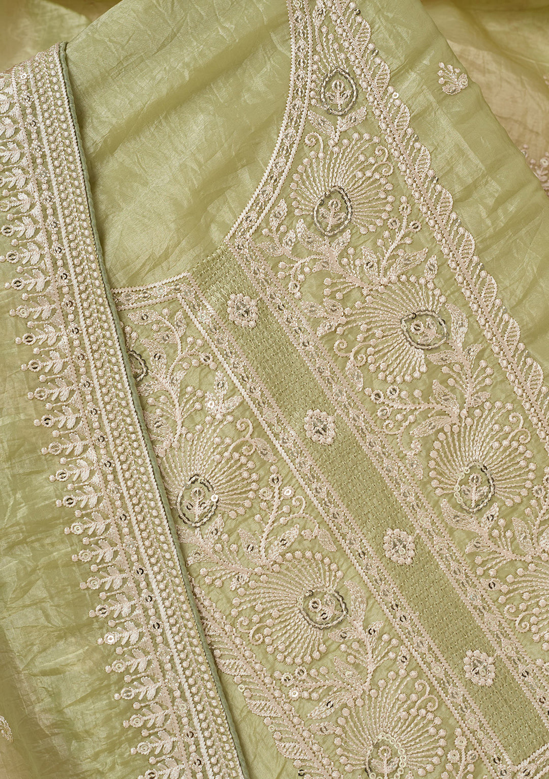 Pista Green Threadwork Semi Crepe Unstitched Salwar Suit