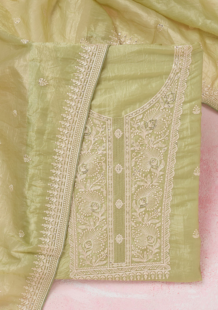 Pista Green Threadwork Semi Crepe Unstitched Salwar Suit