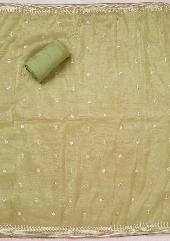 Pista Green Threadwork Semi Crepe Unstitched Salwar Suit