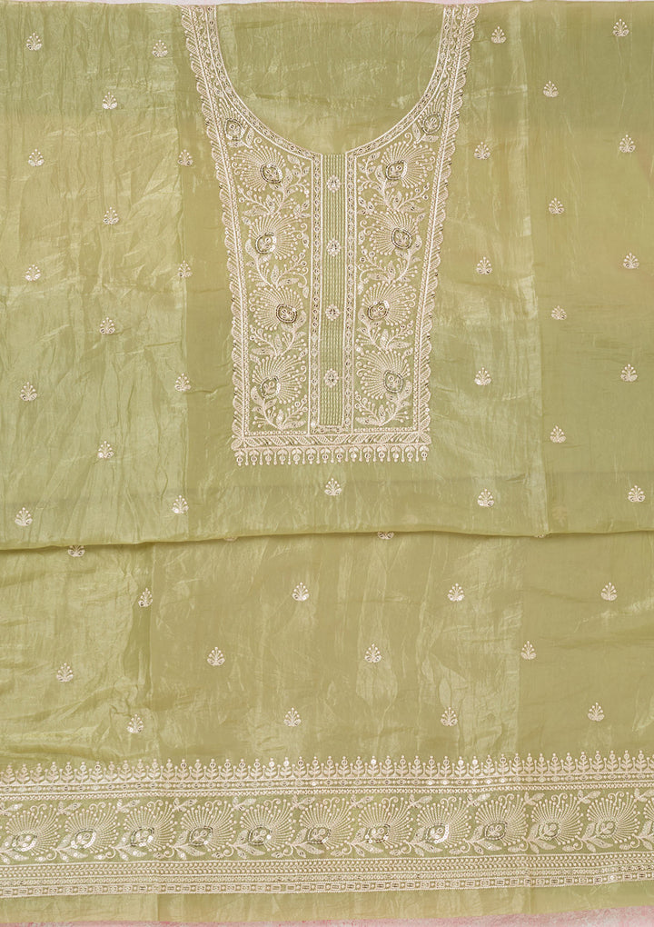 Pista Green Threadwork Semi Crepe Unstitched Salwar Suit