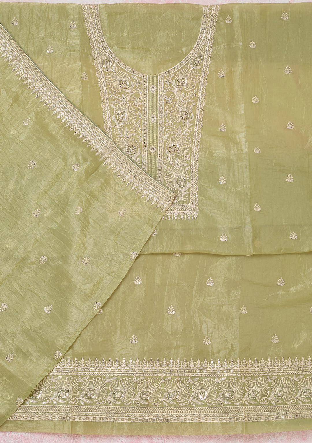 Pista Green Threadwork Semi Crepe Unstitched Salwar Suit