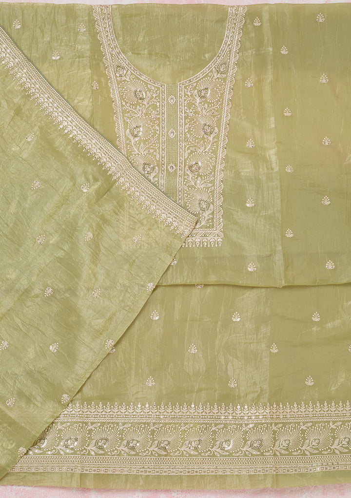 Pista Green Threadwork Semi Crepe Unstitched Salwar Suit
