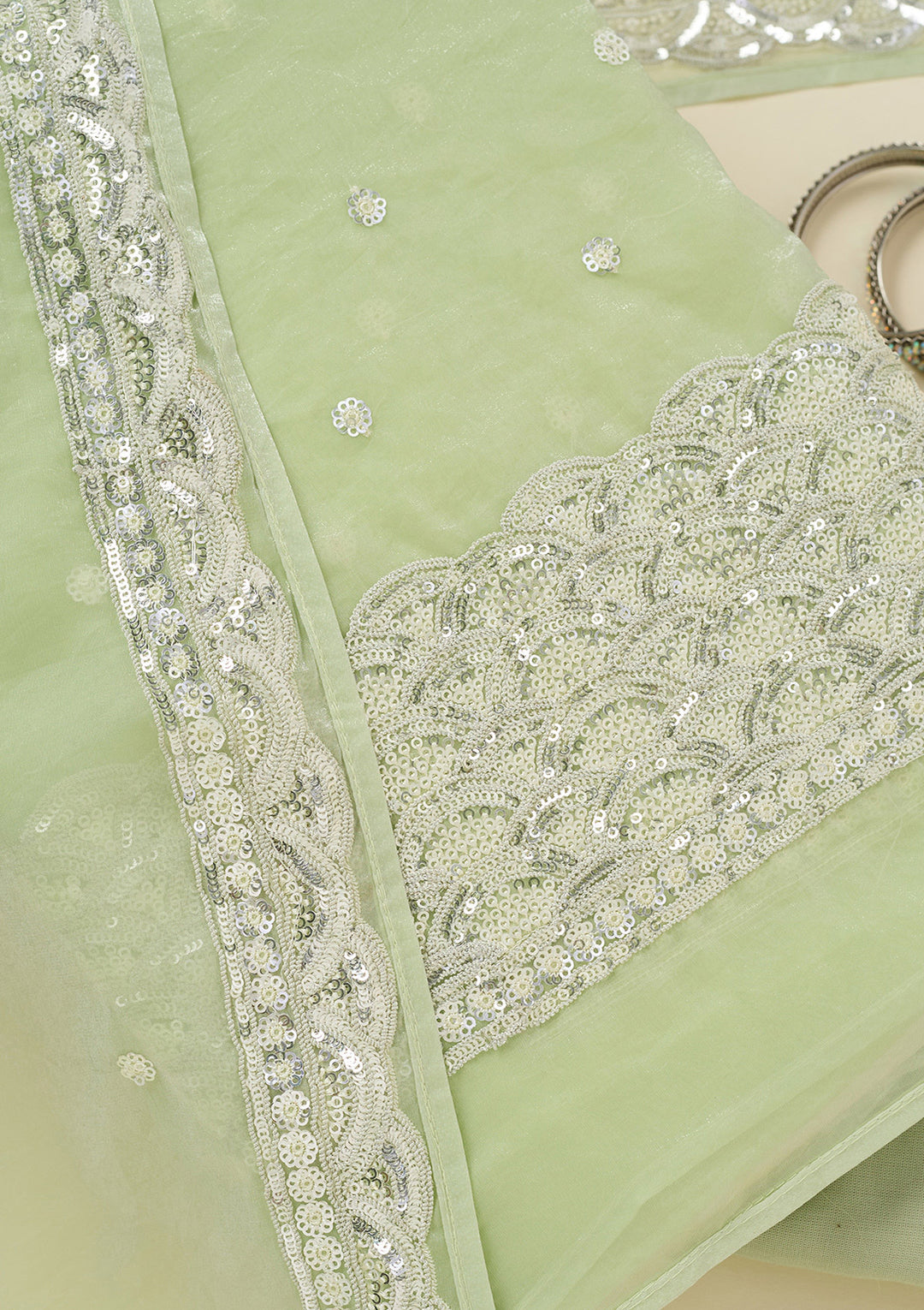 Pista Green Sequins Tissue Unstitched Salwar Suit