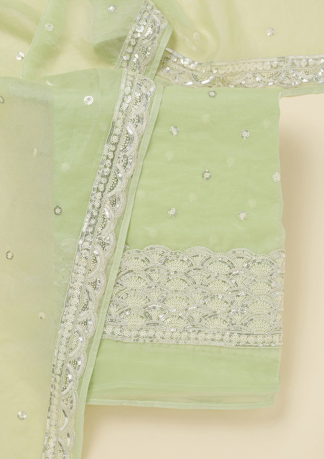 Pista Green Sequins Tissue Unstitched Salwar Suit