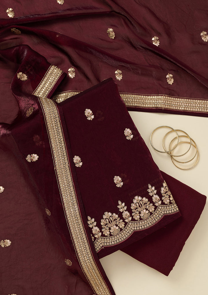 Dark Maroon Gotapatti Organza Unstitched Salwar Suit