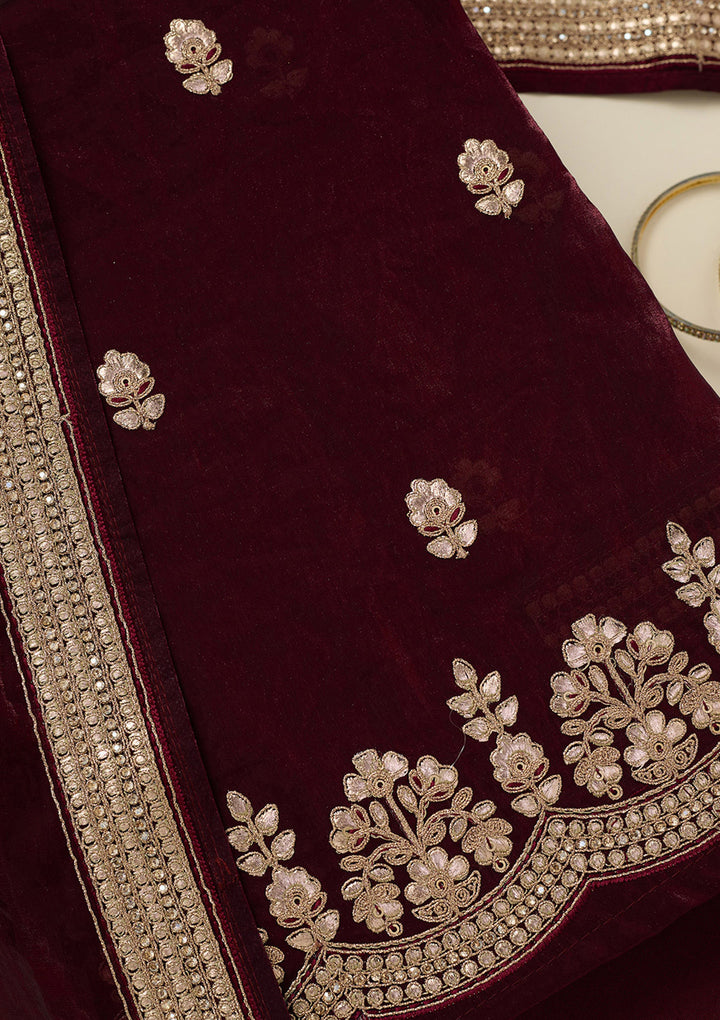 Dark Maroon Gotapatti Organza Unstitched Salwar Suit