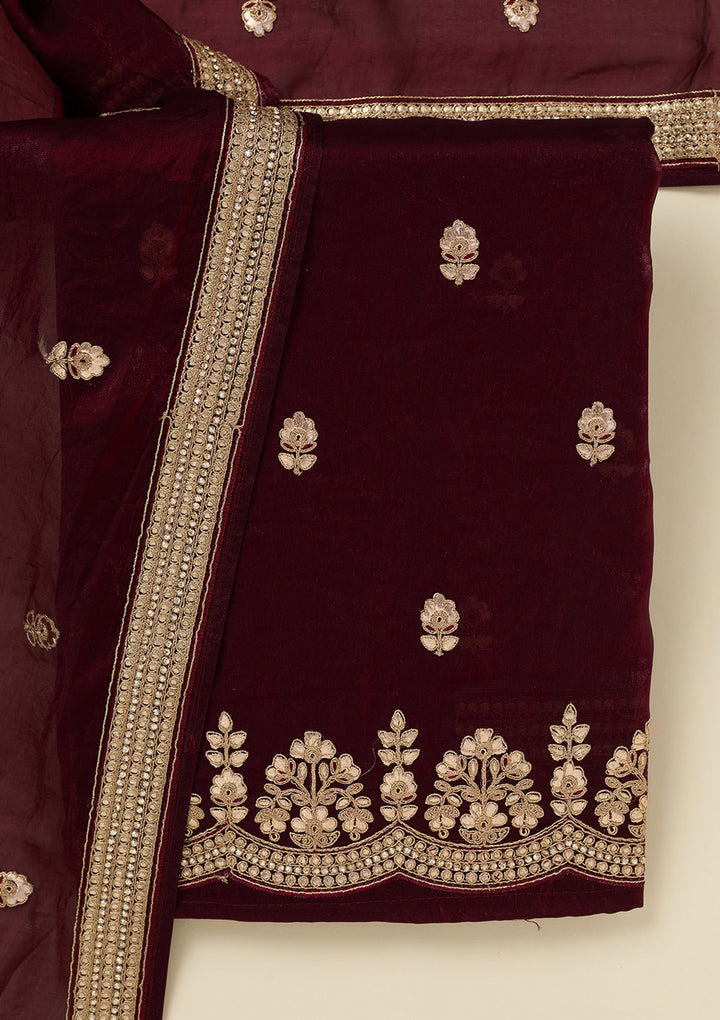 Dark Maroon Gotapatti Organza Unstitched Salwar Suit
