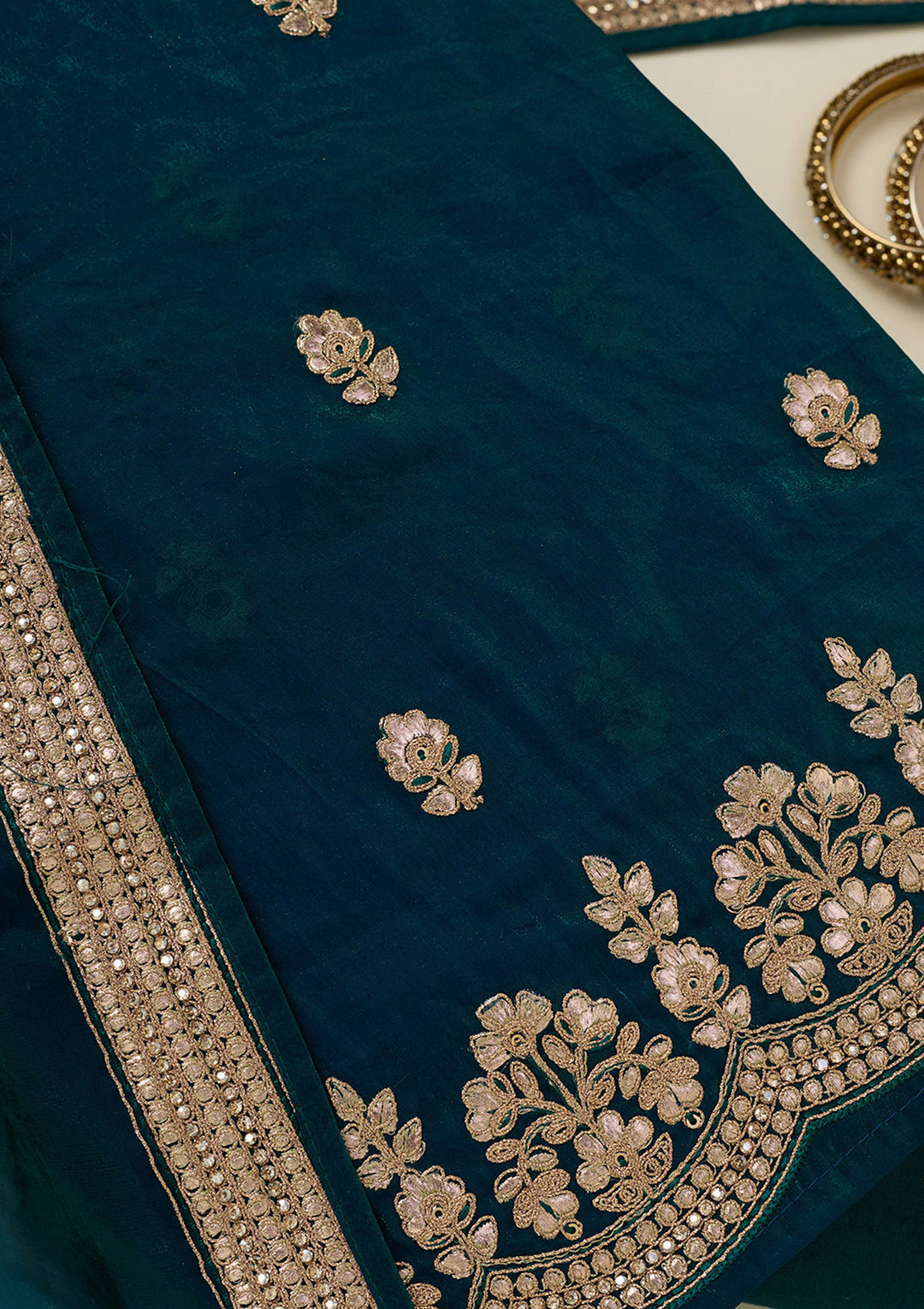 Peacock Blue Gotapatti Organza Unstitched Salwar Suit