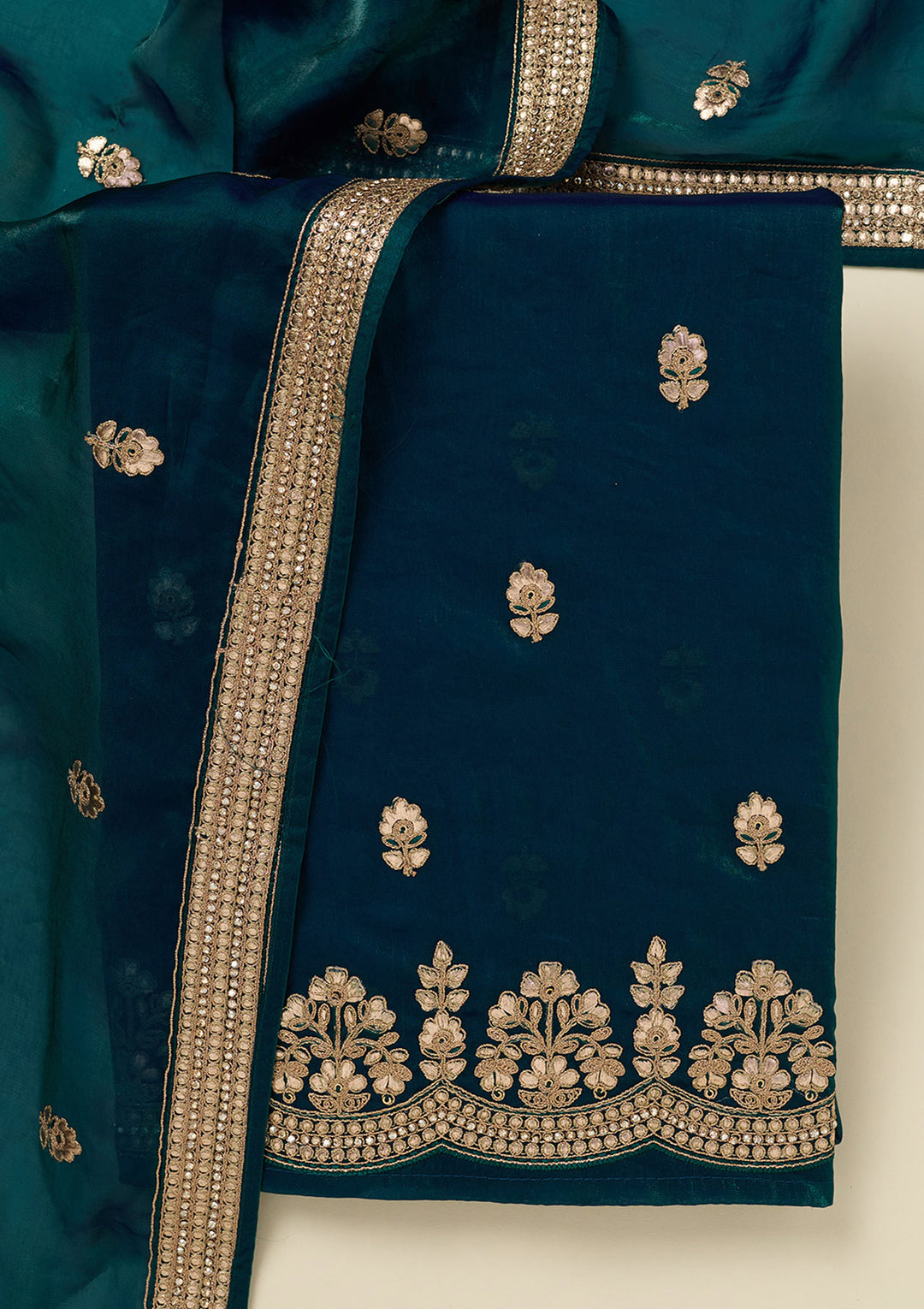 Peacock Blue Gotapatti Organza Unstitched Salwar Suit