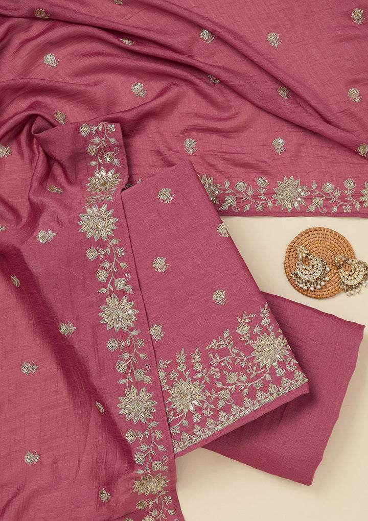 Onion Pink Zariwork (Silver) Soft Raw Silk Unstitched Salwar Suit