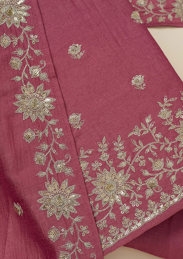 Onion Pink Zariwork (Silver) Soft Raw Silk Unstitched Salwar Suit