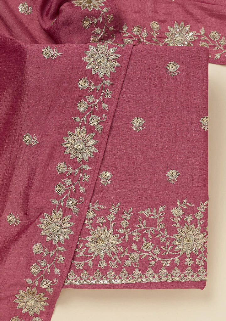 Onion Pink Zariwork (Silver) Soft Raw Silk Unstitched Salwar Suit