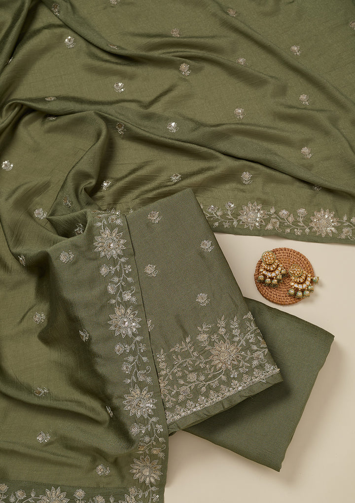 Pista Green Zariwork (Silver) Soft Raw Silk Unstitched Salwar Suit