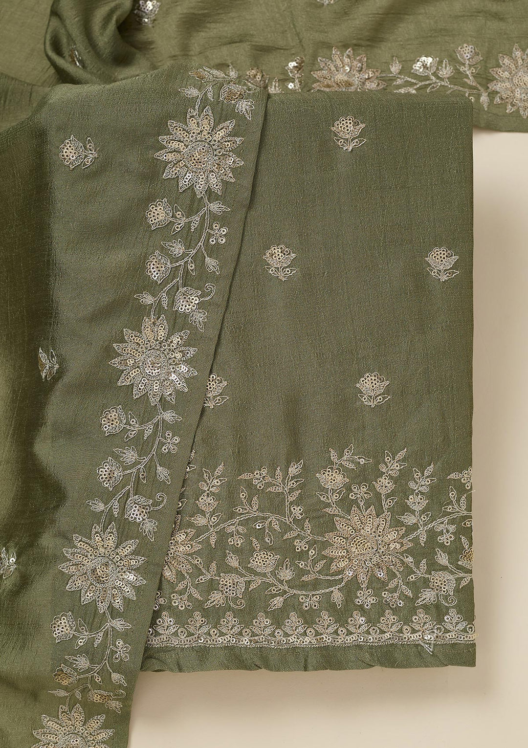 Pista Green Zariwork (Silver) Soft Raw Silk Unstitched Salwar Suit