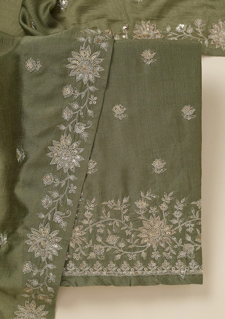 Pista Green Zariwork (Silver) Soft Raw Silk Unstitched Salwar Suit