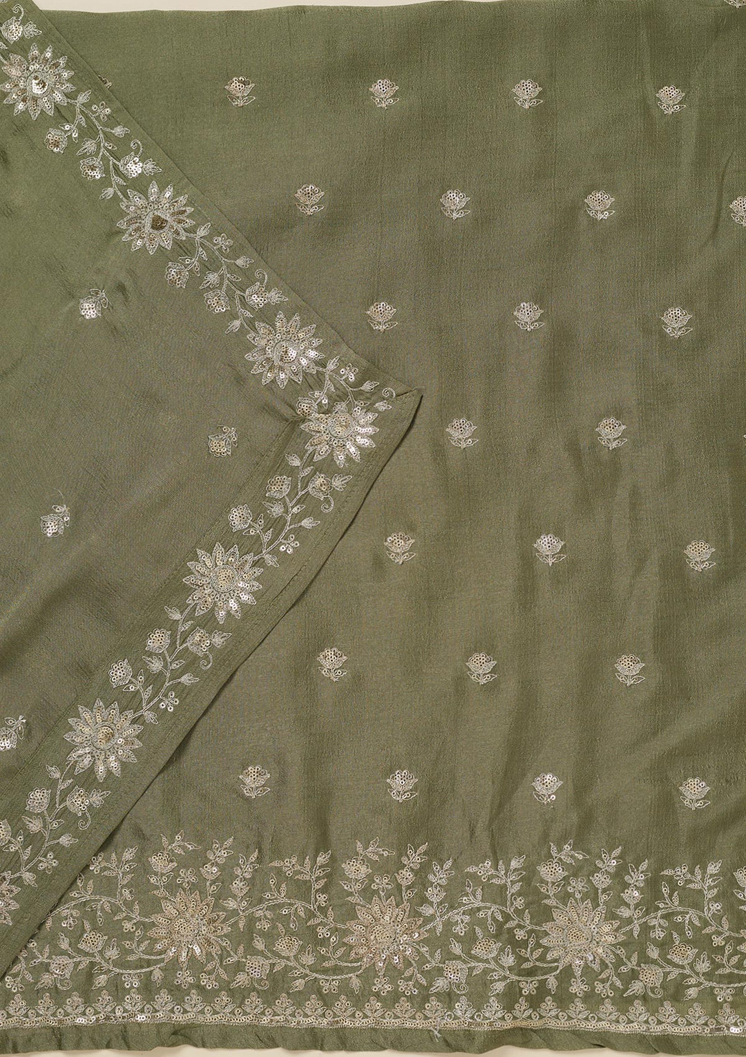 Pista Green Zariwork (Silver) Soft Raw Silk Unstitched Salwar Suit