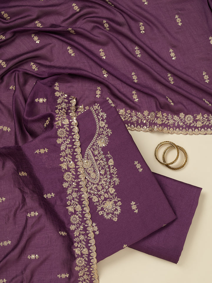 Dark Lavender Zariwork (Gold) Soft Raw Silk Unstitched Salwar Suit