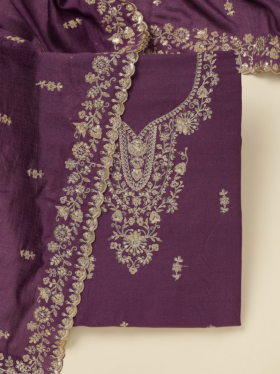 Dark Lavender Zariwork (Gold) Soft Raw Silk Unstitched Salwar Suit