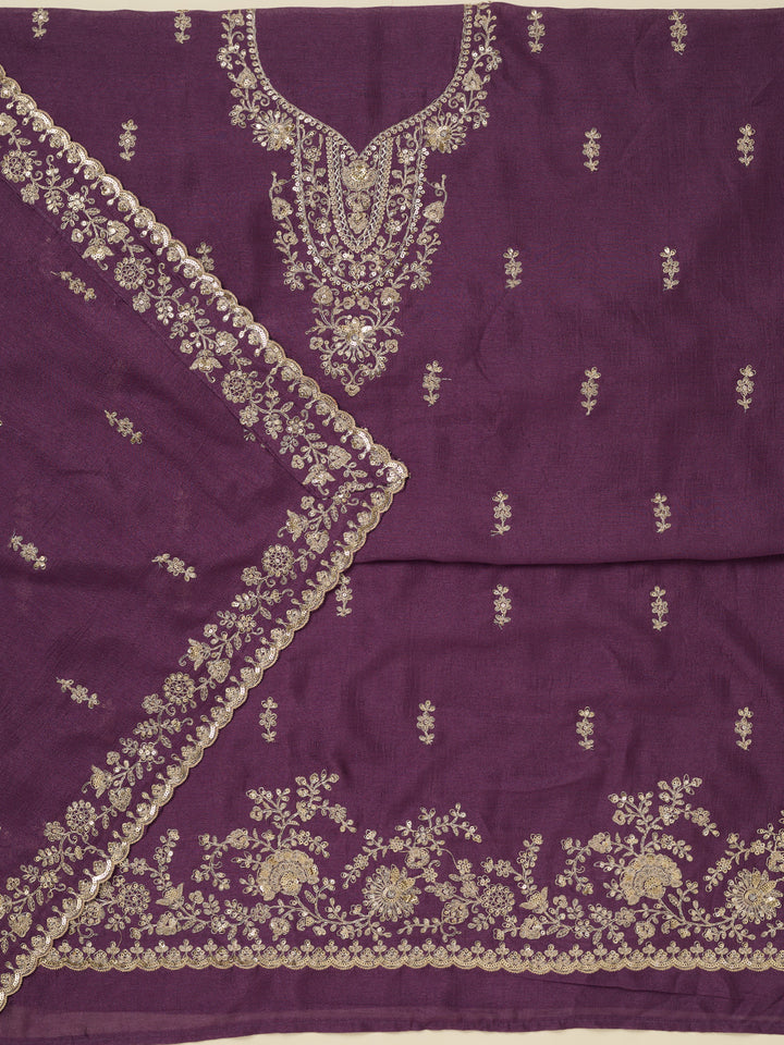 Dark Lavender Zariwork (Gold) Soft Raw Silk Unstitched Salwar Suit