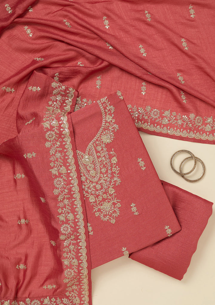Rust Zariwork (Gold) Soft Raw Silk Unstitched Salwar Suit