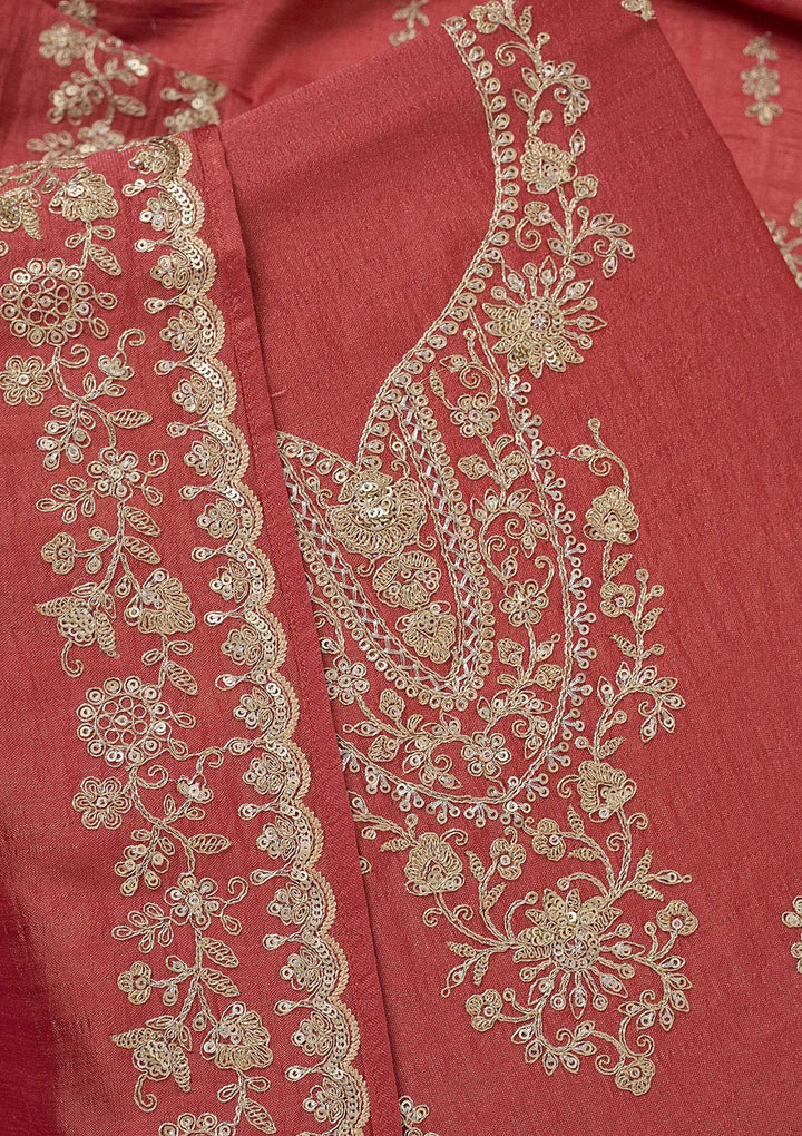 Rust Zariwork (Gold) Soft Raw Silk Unstitched Salwar Suit
