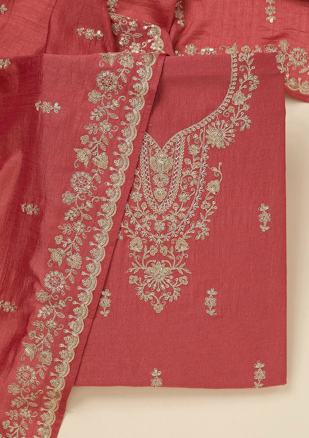 Rust Zariwork (Gold) Soft Raw Silk Unstitched Salwar Suit