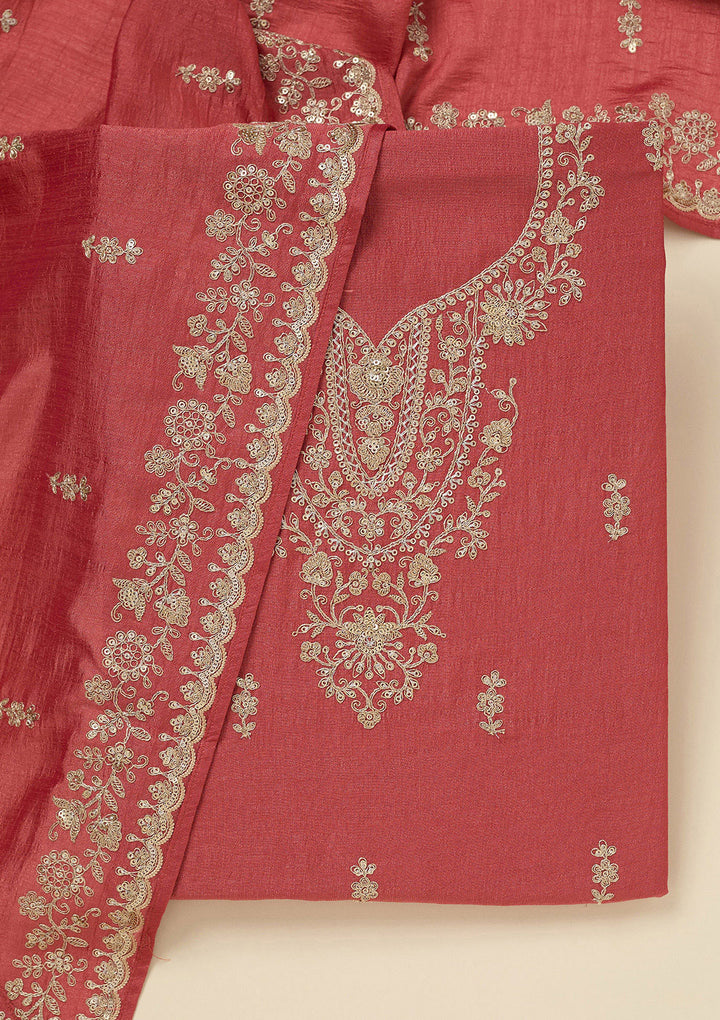 Rust Zariwork (Gold) Soft Raw Silk Unstitched Salwar Suit