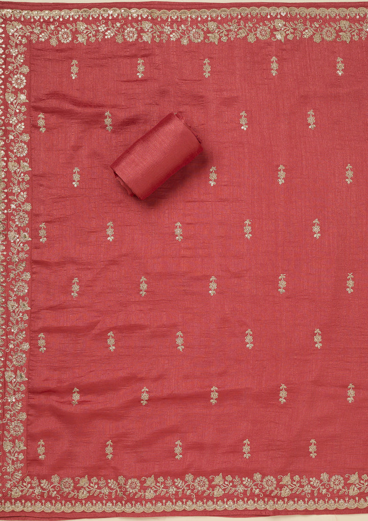 Rust Zariwork (Gold) Soft Raw Silk Unstitched Salwar Suit