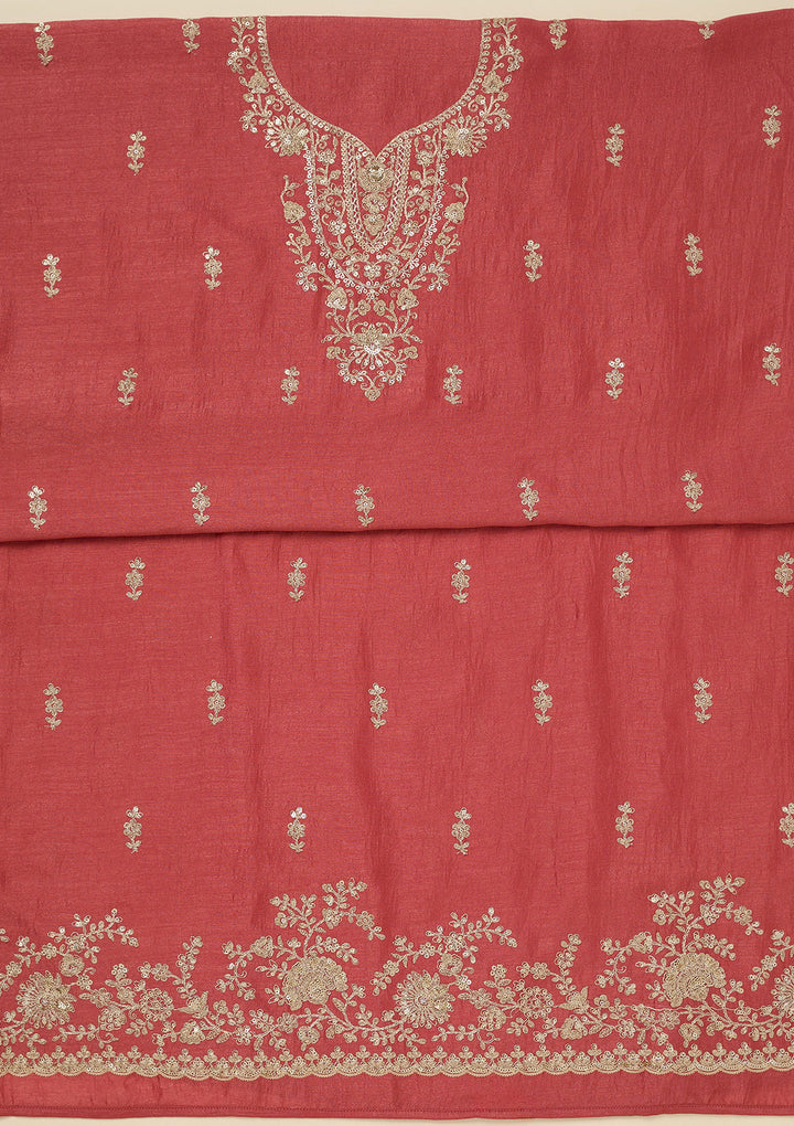 Rust Zariwork (Gold) Soft Raw Silk Unstitched Salwar Suit