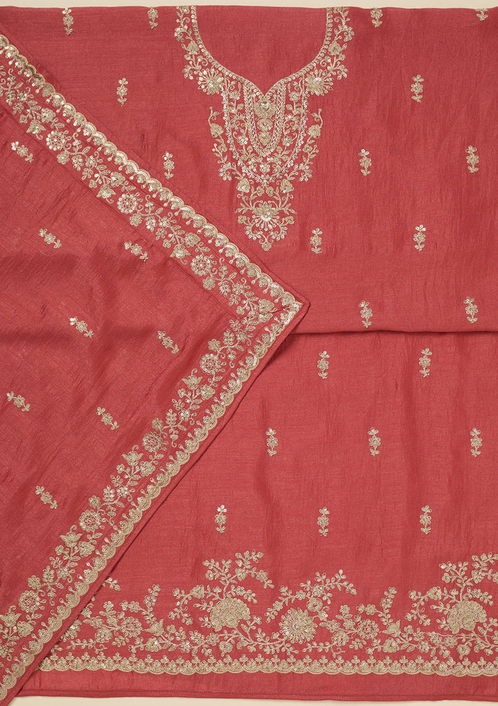 Rust Zariwork (Gold) Soft Raw Silk Unstitched Salwar Suit