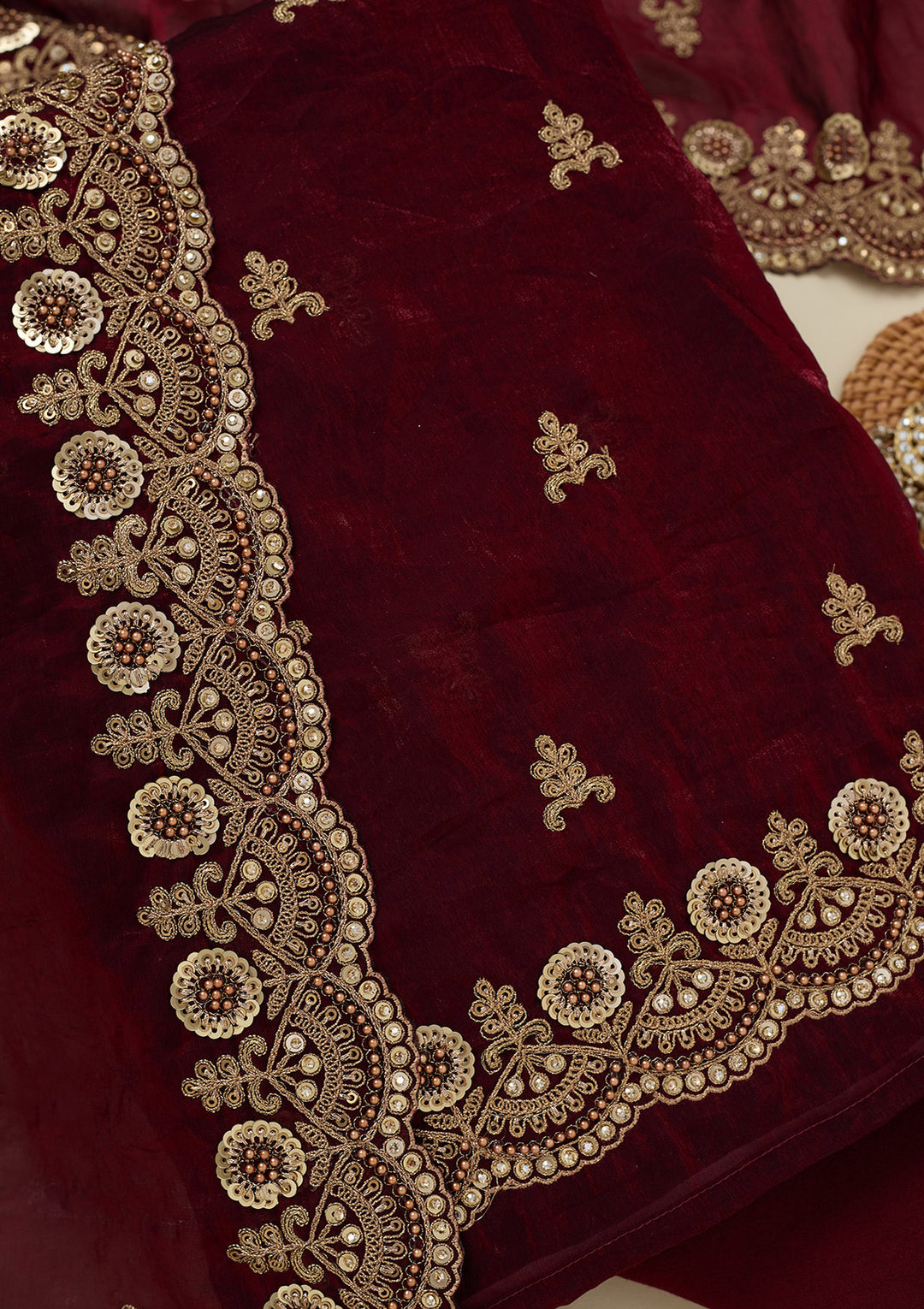 Maroon Cording Organza Unstitched Salwar Suit