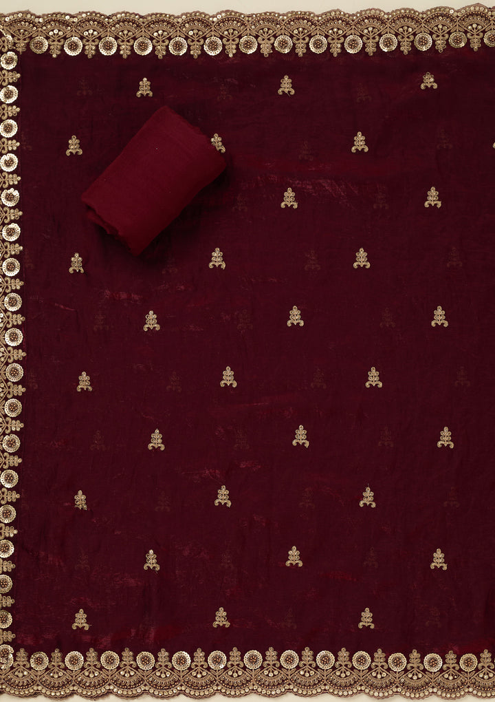 Maroon Cording Organza Unstitched Salwar Suit